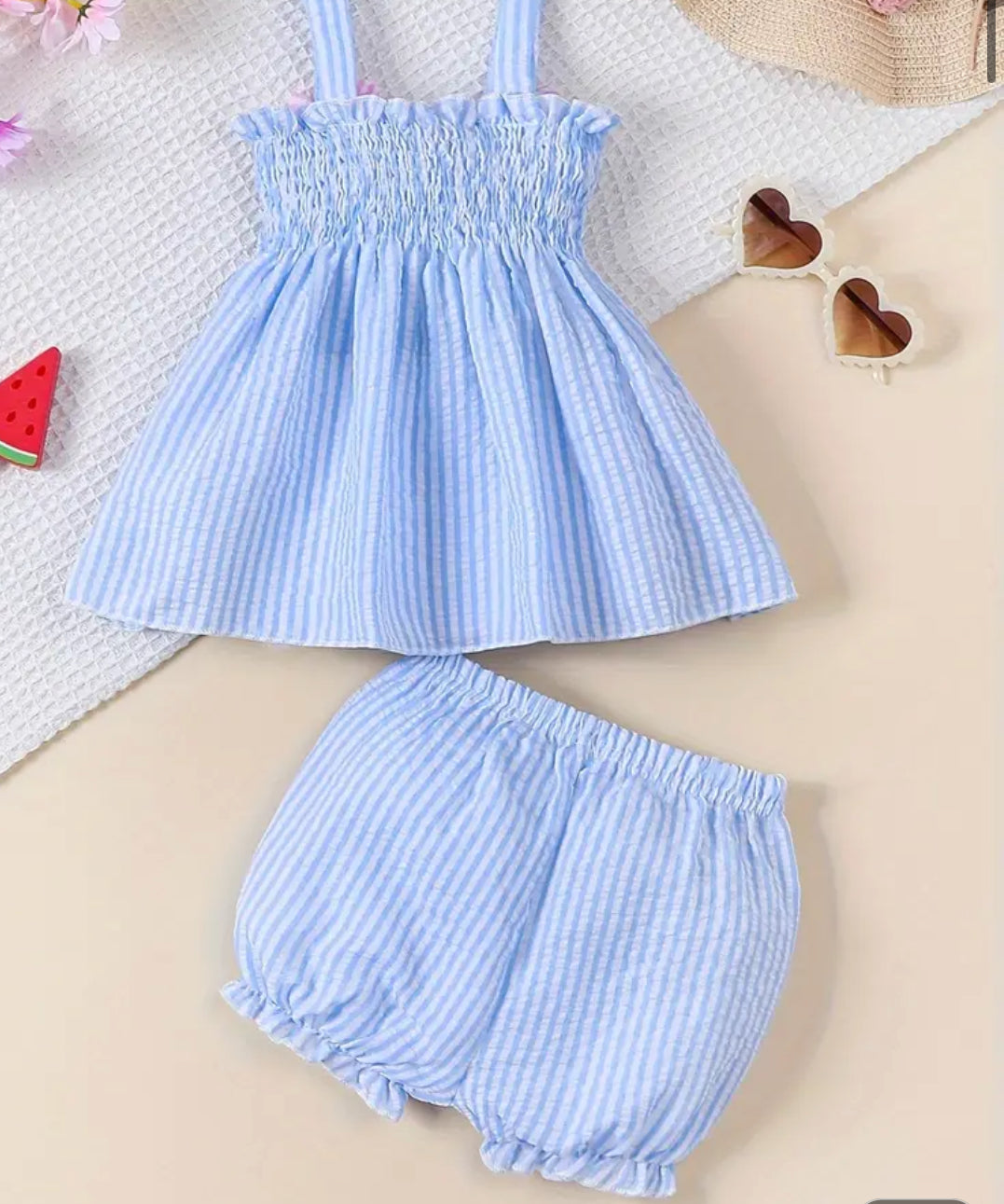 Blue Striped Seersucker Short Set, girls, kids, outfit