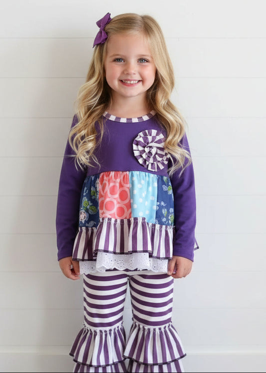 Purple Ruffle Twirl Outfit, girl, set, pants, top, boutique