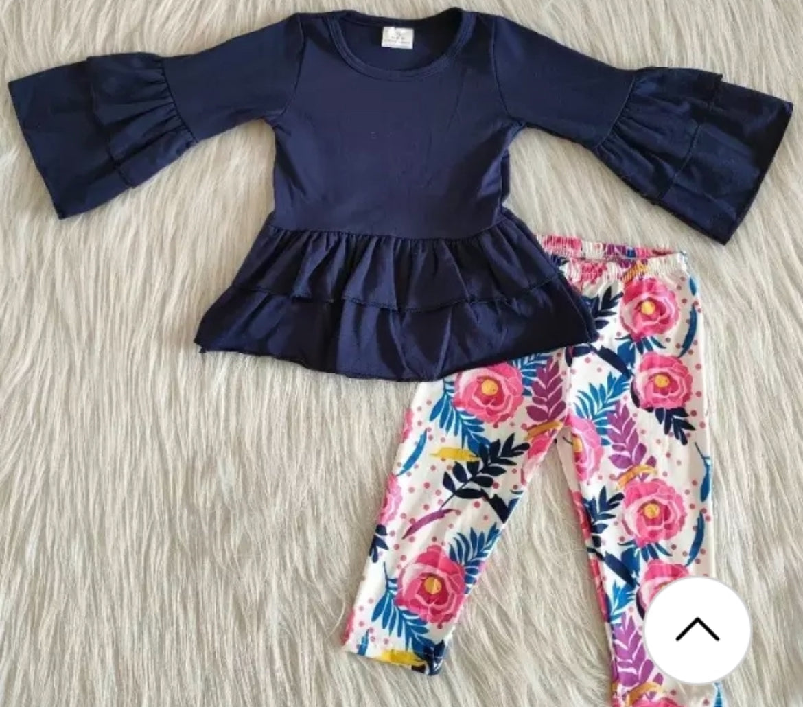 Girl's Rose Flower Outfit, set, leggings, top, bell sleeve