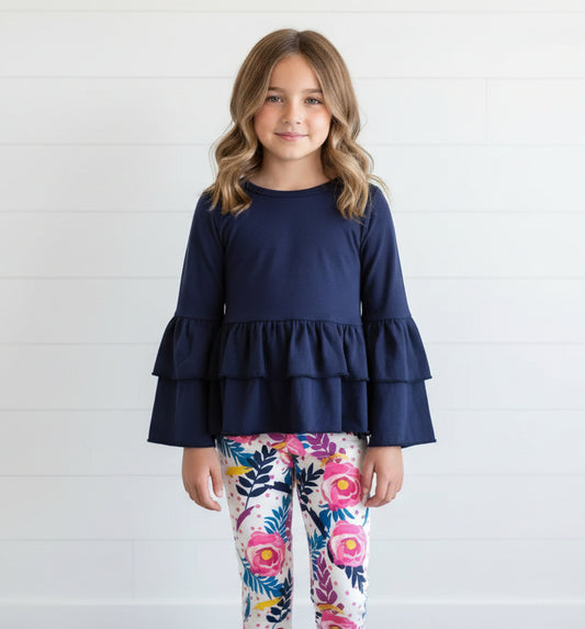 Girl's Rose Flower Outfit, set, leggings, top, bell sleeve