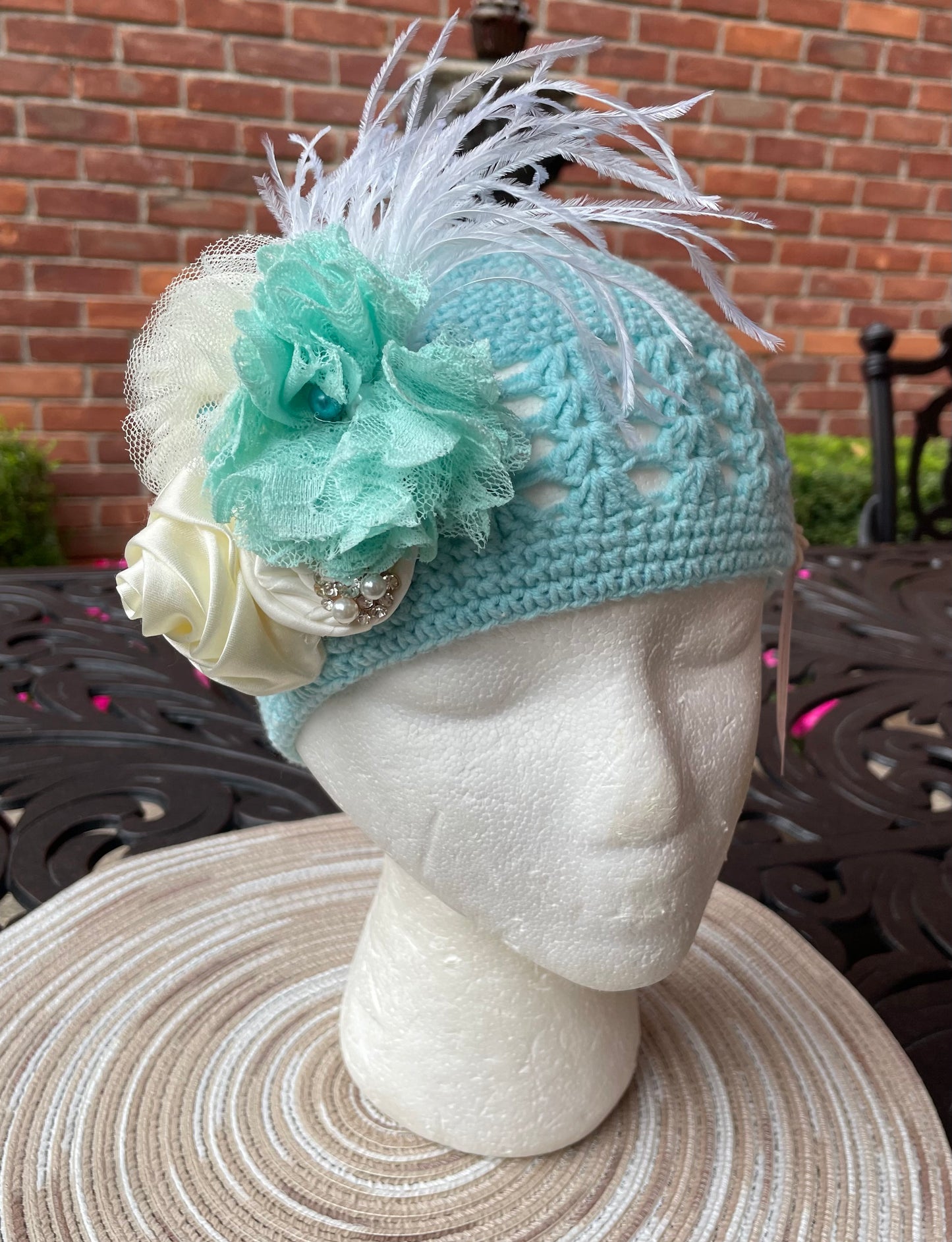 Boutique Robin's Egg Blue Knit Hat, Cap, Girl, Flower