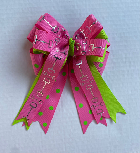 Equestrian Hair Bow, Tails, Horse Show, Bright Green, Pink Polka Dot