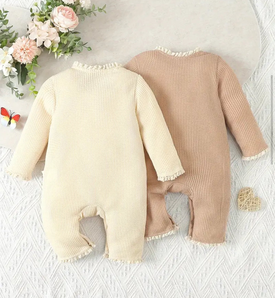 Cream or Tan Waffle Texture Romper with Lace Trim, baby, infant, clothing