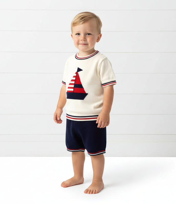 Navy Blue & Cream Knit Sailboat Outfit, Short Sleeve, baby, boy