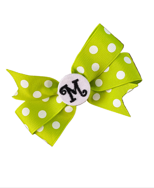 Lime Green/White Small Polka Dot Initial Hair Bows, Clip, Personalized, pinwheel