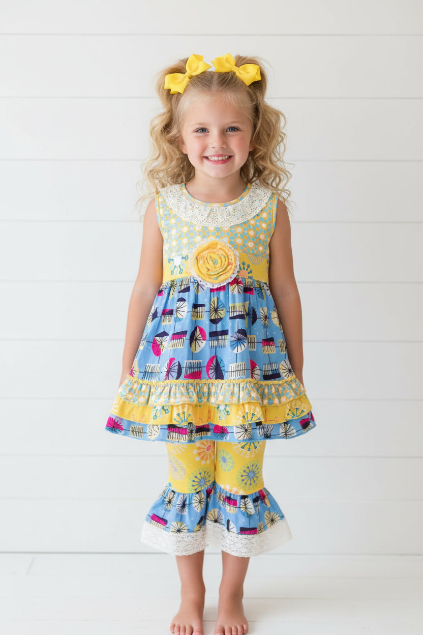 Boutique Blue & Yellow Ruffle Capri Set, girls, kids, Milk Silk