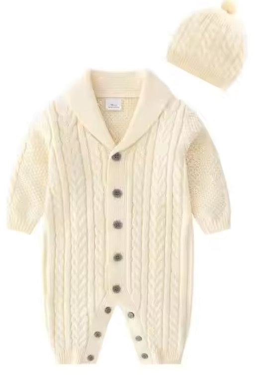 Knit Unisex Cream V-Neck Cable Romper w/Hat, Baby, Infant