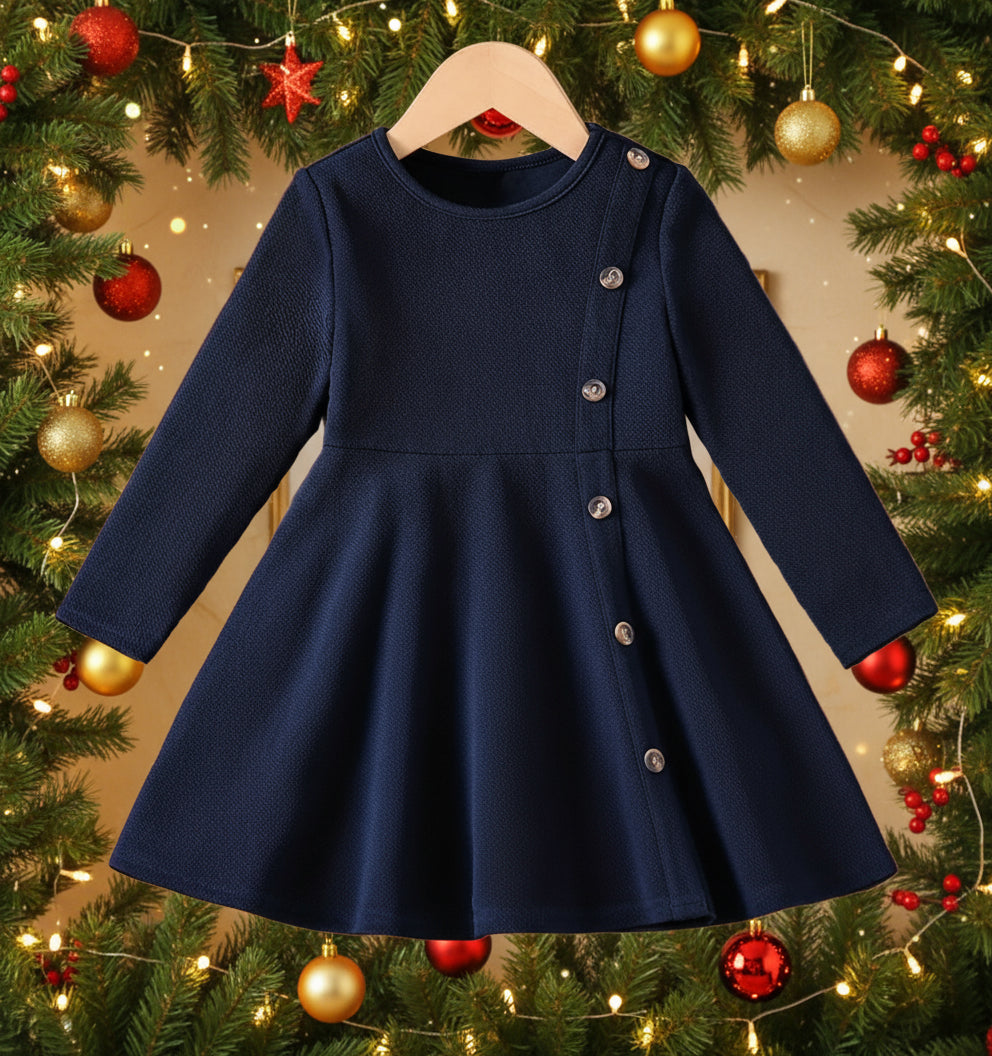 Navy Blue Long Sleeve Dress, girl, kids, holiday