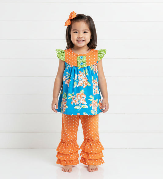 Boutique Orange & Blue Ruffle Outfit, girl, kids, set, Spring