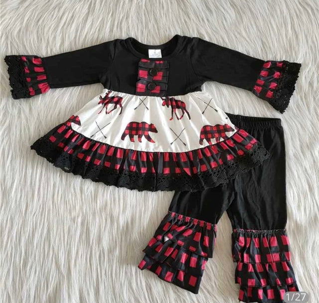 Buffalo Plaid Boutique Bear Outfit, Ruffle, girls, kids