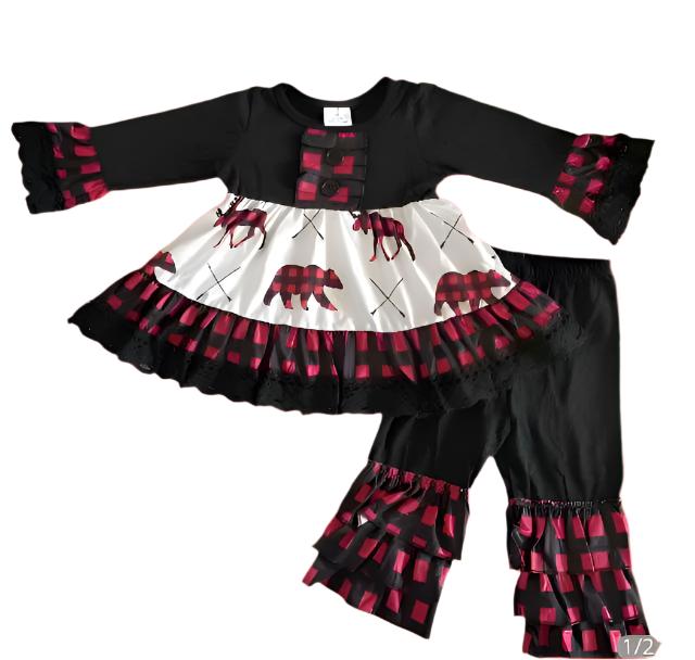 Buffalo Plaid Boutique Bear Outfit, Ruffle, girls, kids