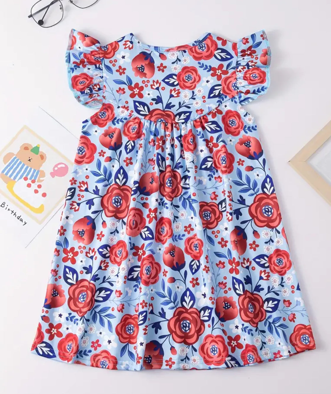 Blue & Red Floral Flutter Sleeve Dress, girl, kids, clothing