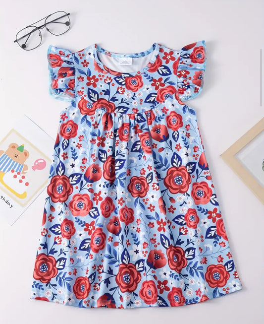 Blue & Red Floral Flutter Sleeve Dress, girl, kids, clothing