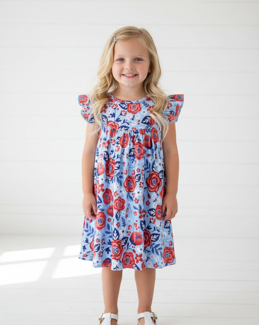 Blue & Red Floral Flutter Sleeve Dress, girl, kids, clothing / CLEARANCE