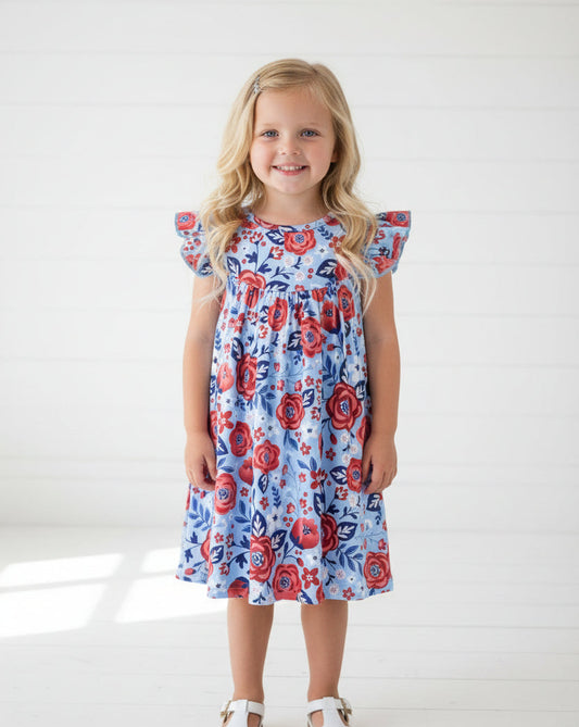 Blue & Red Floral Flutter Sleeve Dress, girl, kids, clothing / CLEARANCE