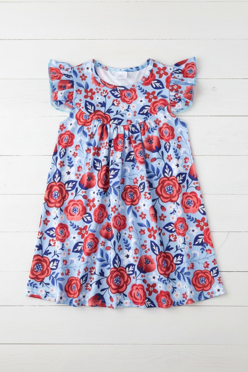 Blue & Red Floral Flutter Sleeve Dress, girl, kids, clothing / CLEARANCE