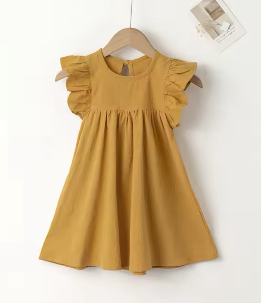 Golden Yellow Cotton Flutter Sleeve Dress, girl, kids, Back to School, party