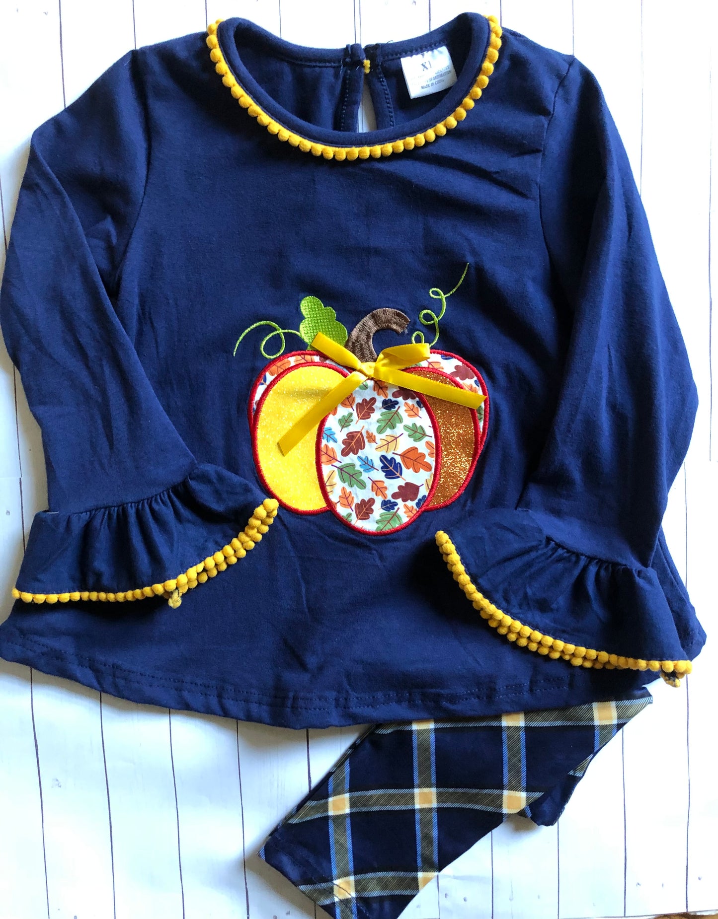 Blue & Yellow Pumpkin Outfit, set, leggings, top, bell sleeve, girls / SALE (Reg. $19.95)