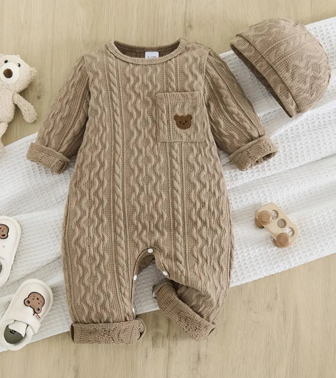 Knit Unisex Taupe Cable Romper w/Hat, Baby, Infant, gift