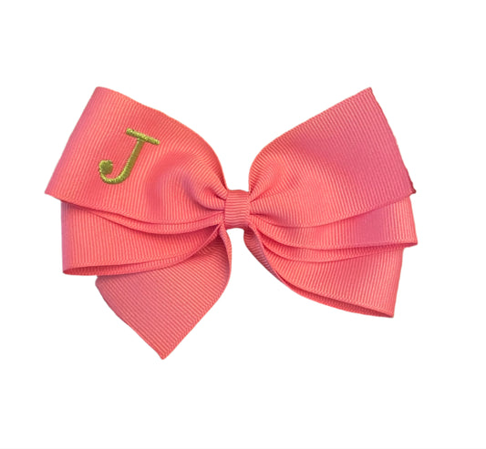 Bright Pink Monogrammed Hair Bow w/Lime Green Initial, Personalized