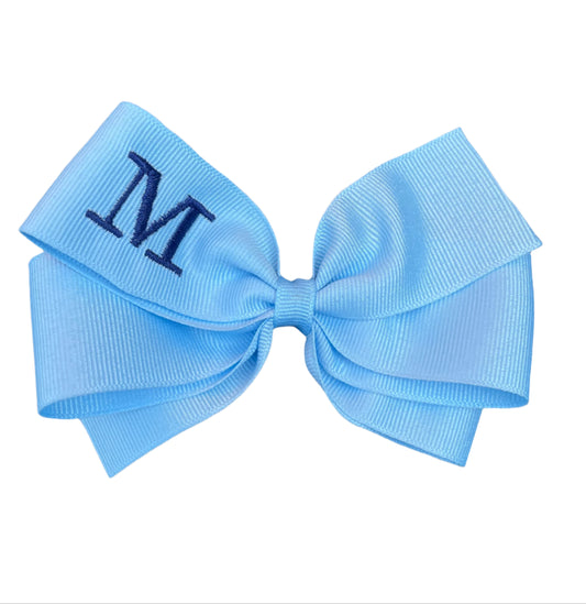 Light Blue Monogrammed Hair Bow w/Navy Blue Initial, Personalized