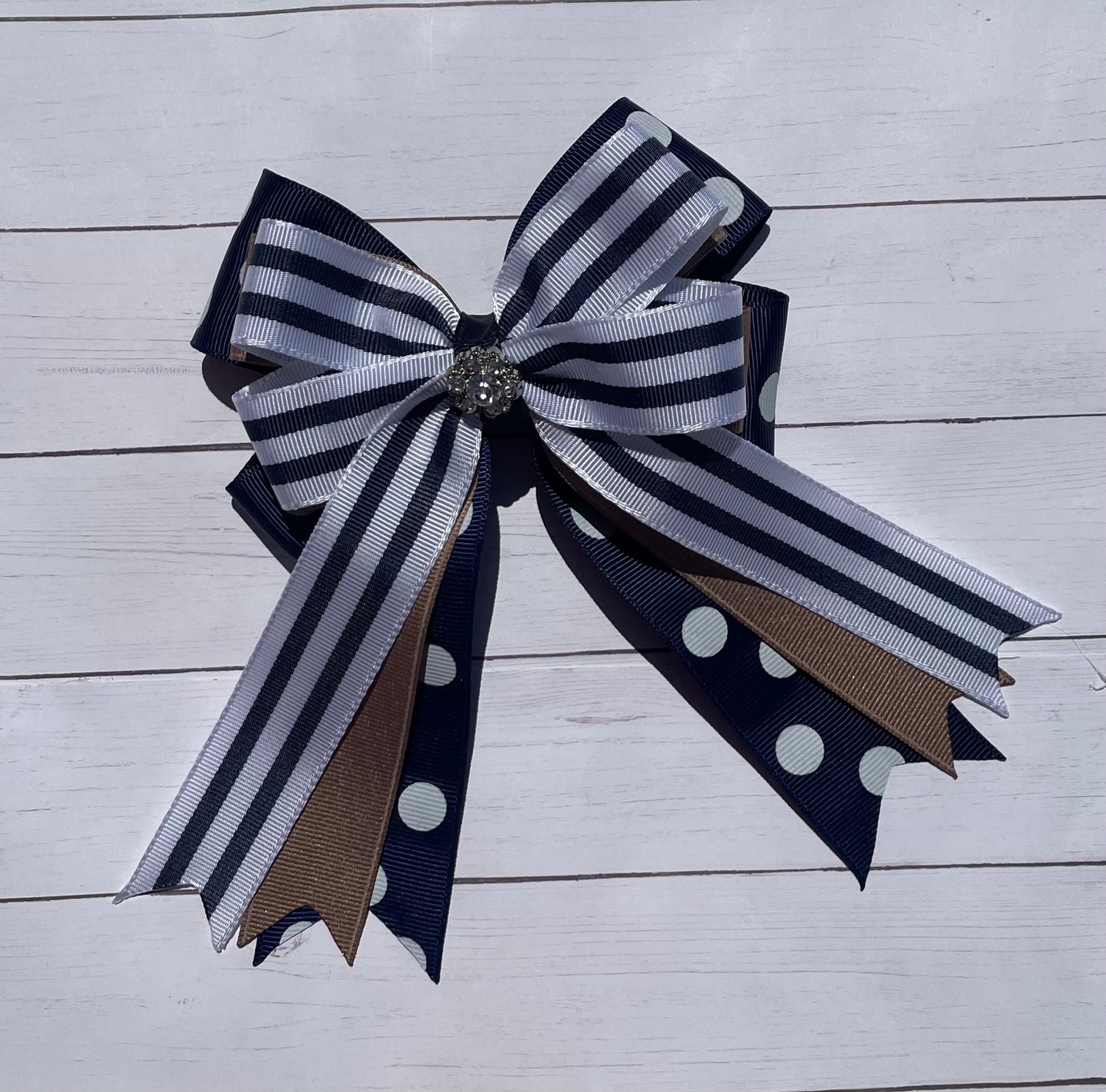 Equestrian Bow, Navy Blue, Khaki & White, Polka Dot, Stripes, Horse