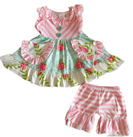 Shabby Rose Ruffle Girl's Outfit, short set / SALE