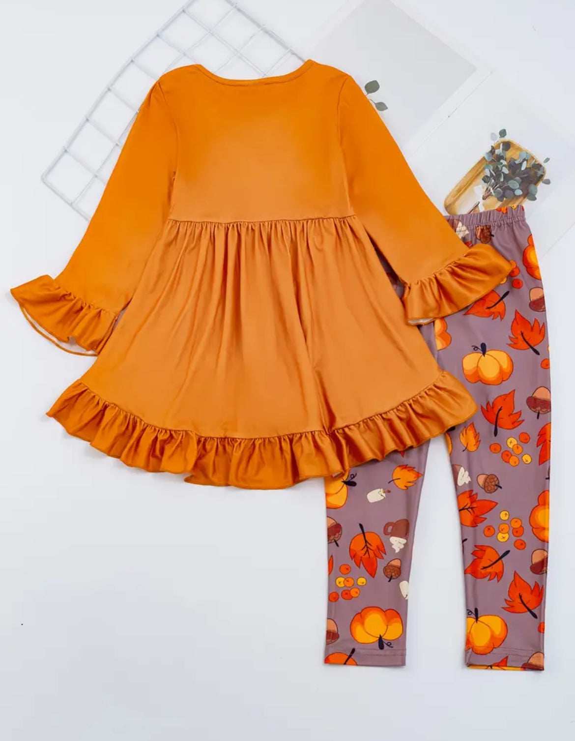 Orange Pumpkin & Leaves Ruffle Outfit, girl, set, leggings, top, kids