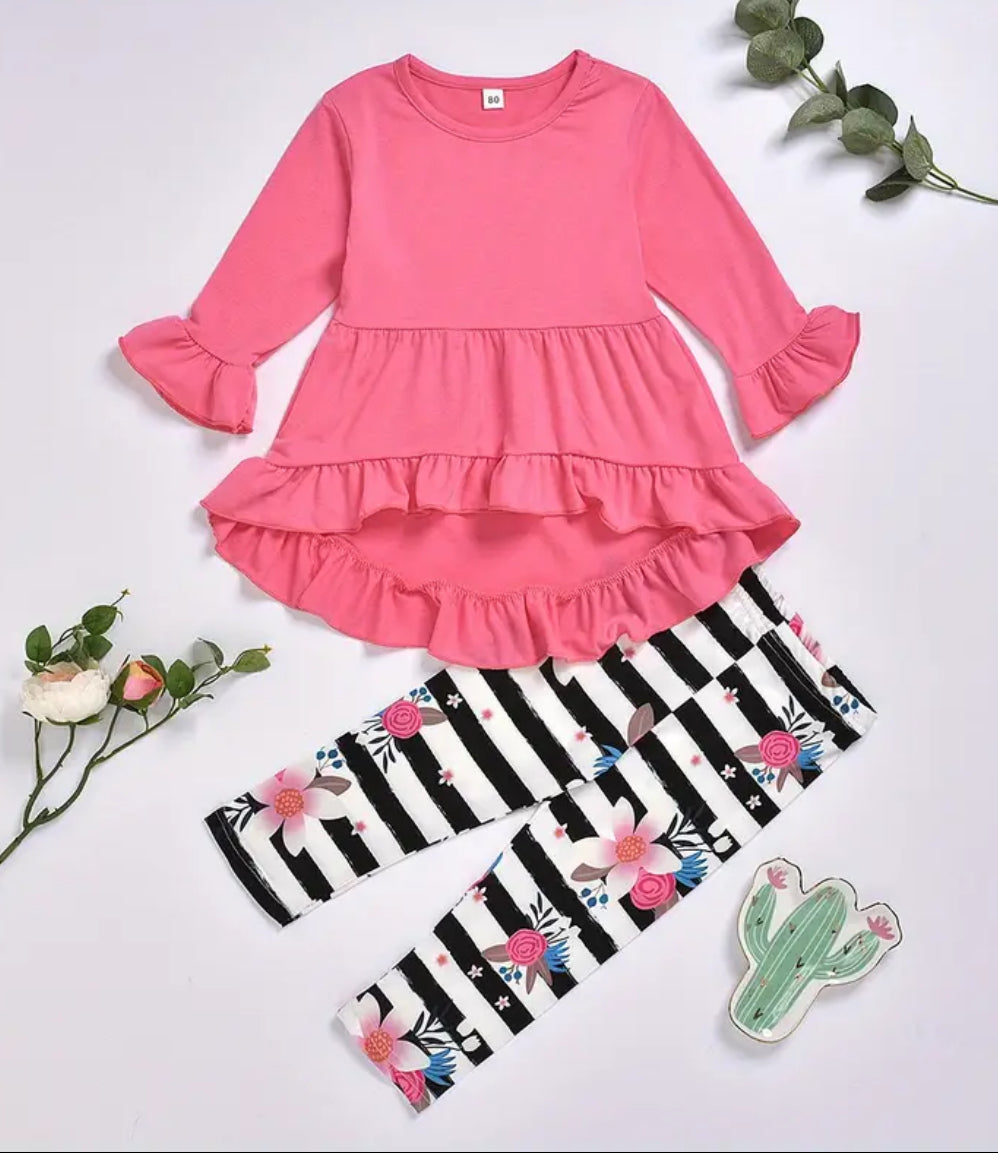 Pink Roses & Stripes Ruffle Outfit, girl, set, leggings, top, kids