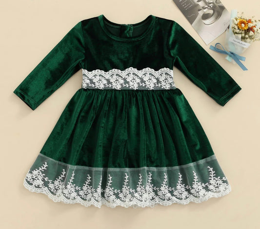 Velvet & Lace Stretch Emerald Dress, girls, holiday, wedding