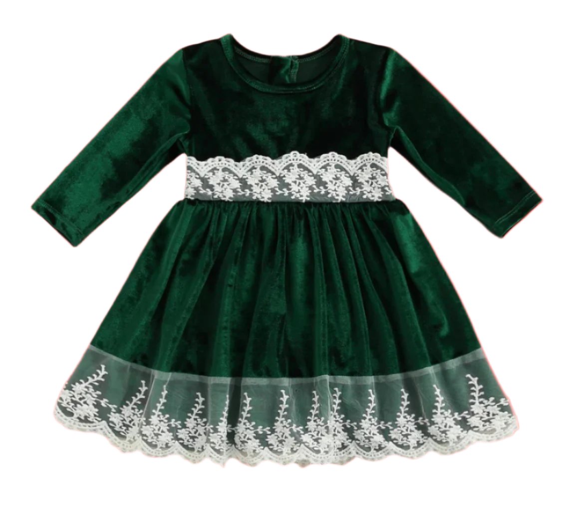 Velvet & Lace Stretch Emerald Dress, girls, holiday, wedding