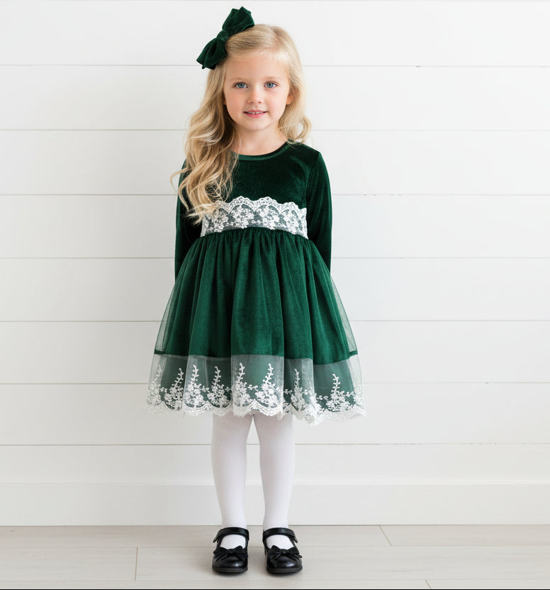 Emerald Velvet & Lace Stretch Dress, girls, holiday, wedding / SALE