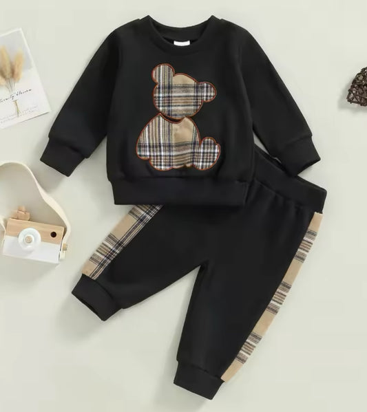 Black Plaid Teddy Outfit, kids, clothing, sweatsuit, bear, preppy, baby