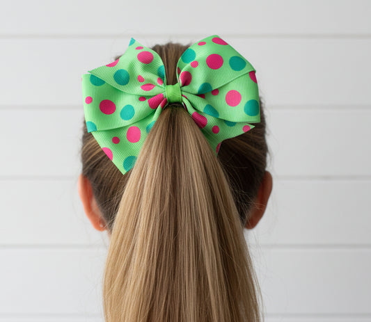 Green & Hot Pink Polka Dot Hair Bow, girl, kids, clip