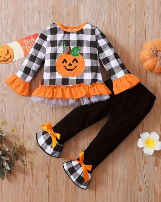 Pumpkin Plaid Girl's Ruffle Pant Set, Outfit, kids, Halloween, clothing / SALE: Reg. $21.95