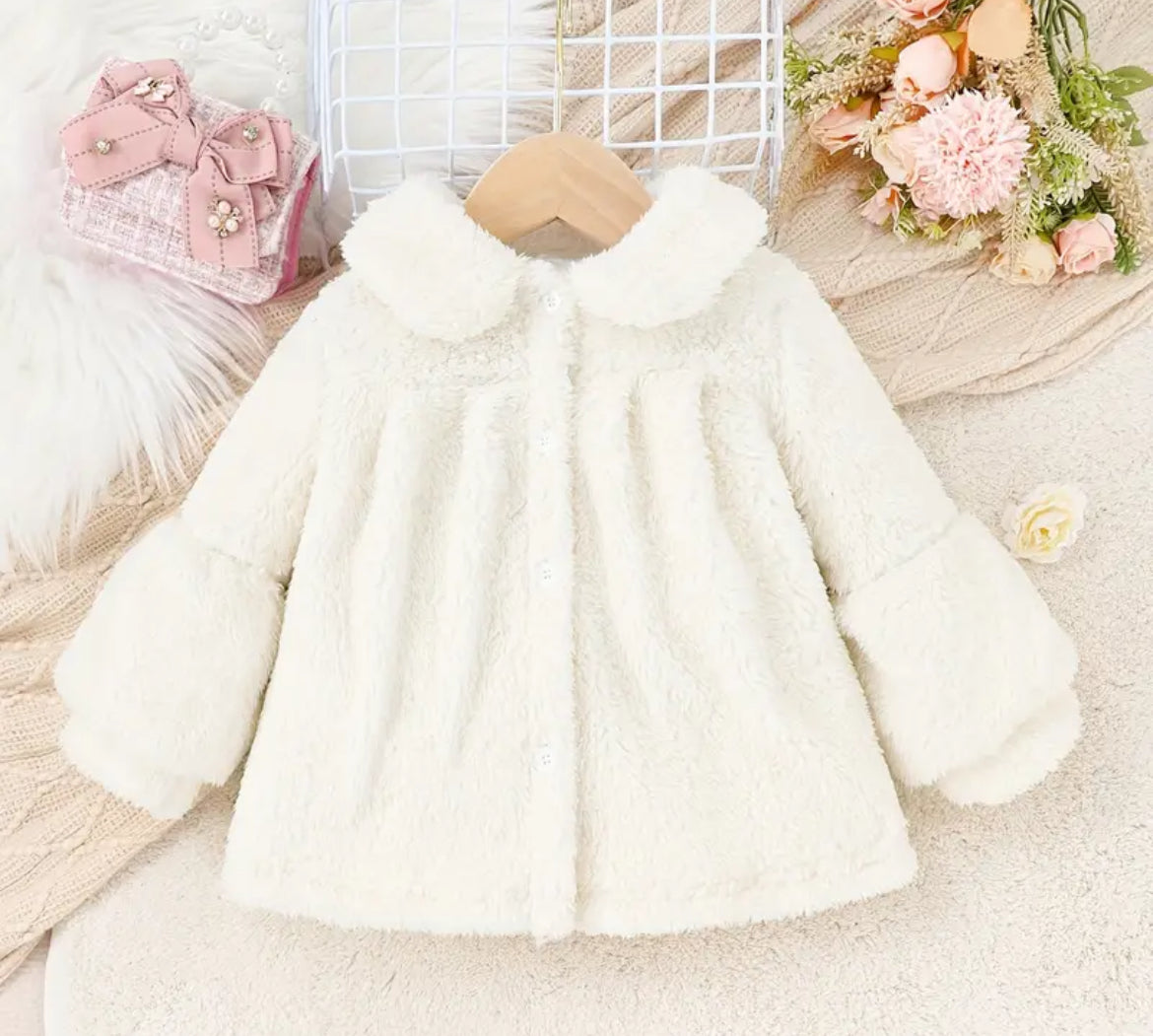 Fuzzy White Girl's Collared Coat, button, toddler, baby