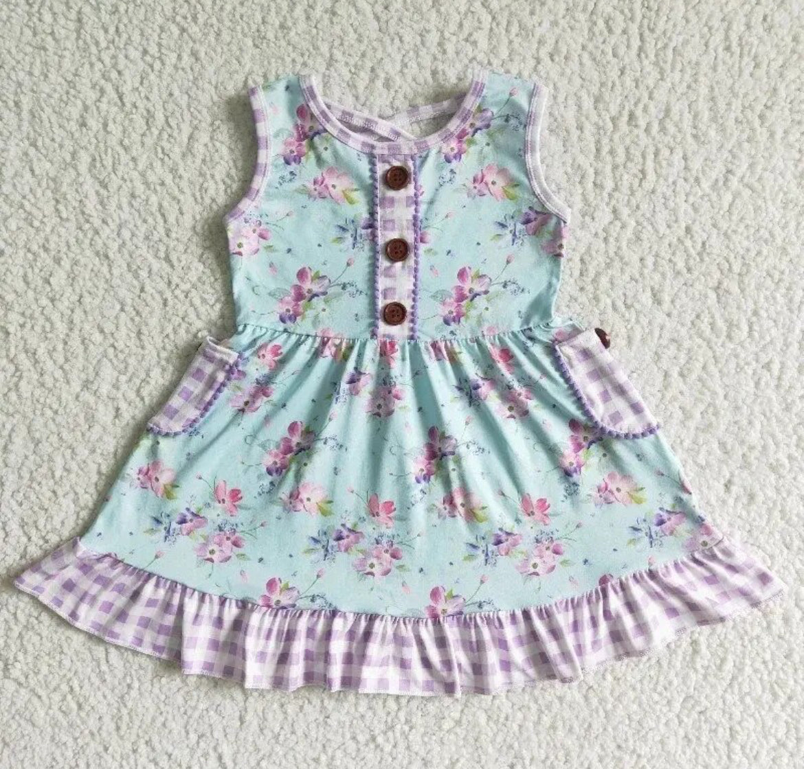 Blue Sleeveless Floral & Check Twirl Dress, Milk Silk, girl's / SALE; Reg. $21.95