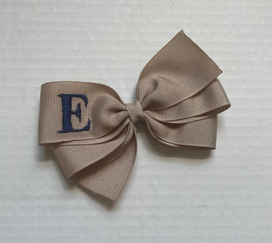 Khaki Monogrammed Hair Bow w/Navy Blue Initial, Personalized