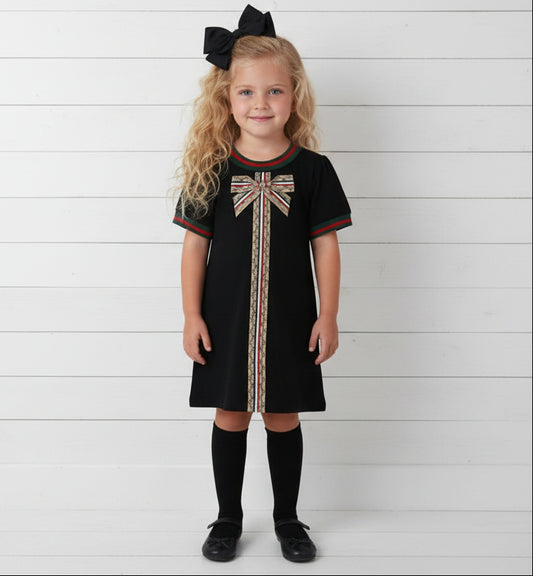 Black Preppy Striped Bowknot Dress, girl, kids, toddler