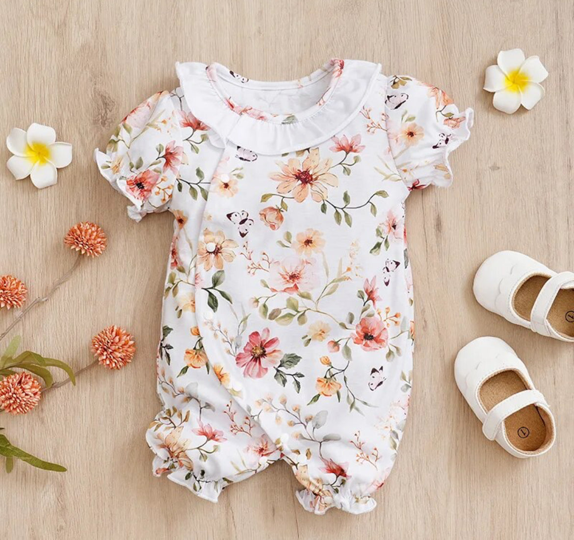 Peach Floral Short Sleeve Romper, girl, baby, onesie