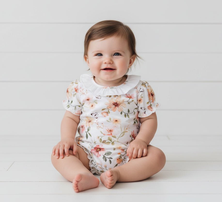 Peach Floral Short Sleeve Romper, girl, baby, onesie