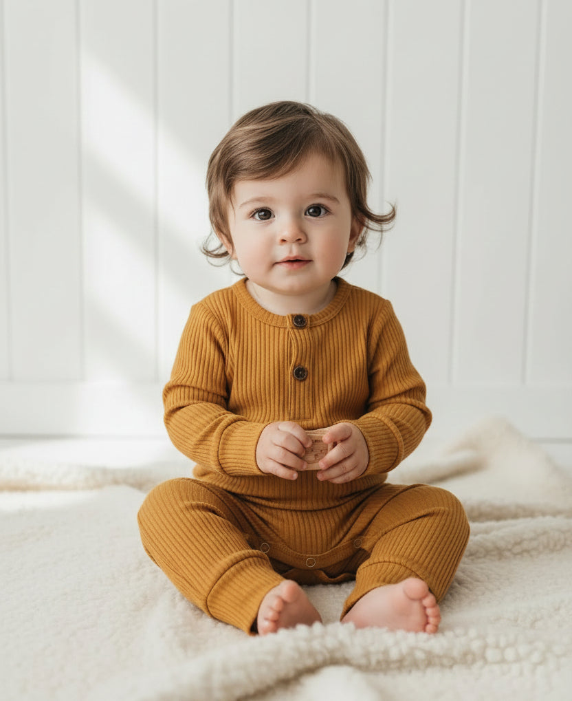 Golden Yellow Ribbed Baby Romper, gift, infant, Shower, unisex