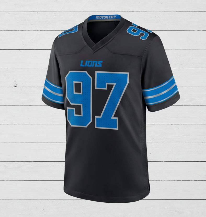 Detroit Lion's Black Jersey Shirt, Adult, football, unisex, Hutch, Goff, Gibbs