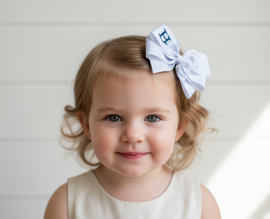 White Monogrammed Hair Bow w/Navy Blue Initial, Personalized