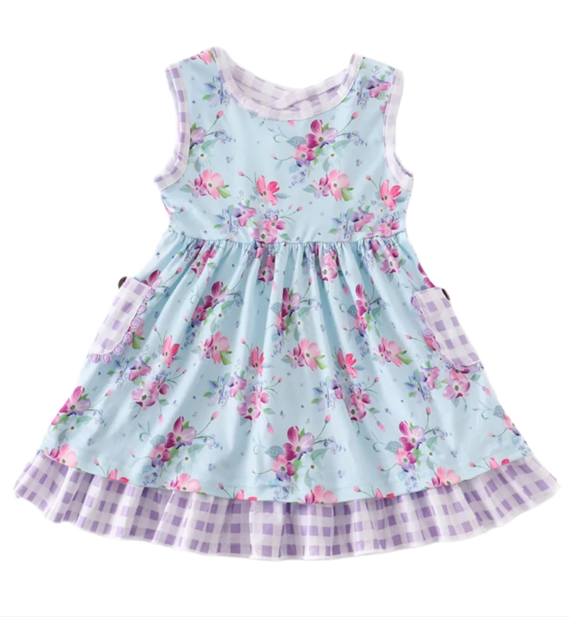 Blue & Lavender Sleeveless Floral & Check Twirl Dress, Milk Silk, girl's