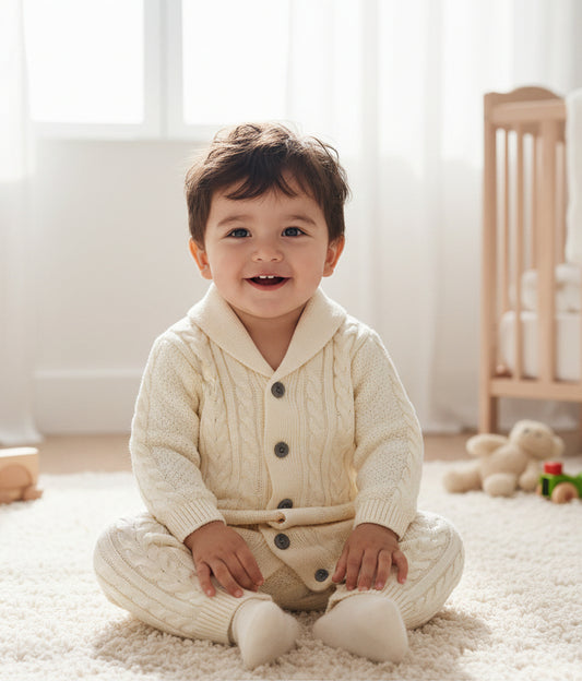 Cream Knit Unisex V-Neck Cable Romper w/Hat, Baby, Infant, Winter