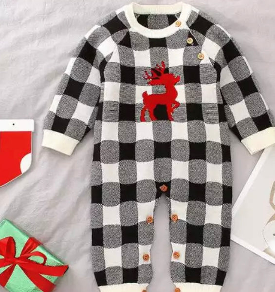 Knit Unisex Check Reindeer Romper with Matching Hat, Set