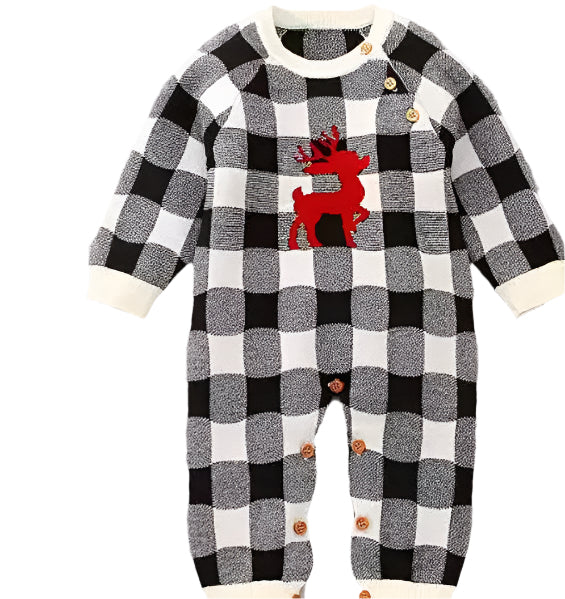 Knit Unisex Buffalo Check Reindeer Romper with Matching Hat, Winter, kids