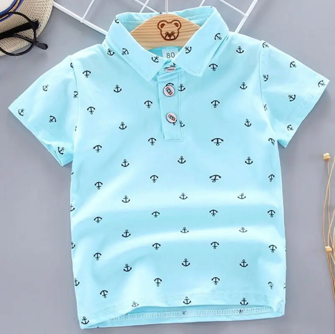 Aqua Blue Boy's Polo Short Sleeve Anchor Shirt