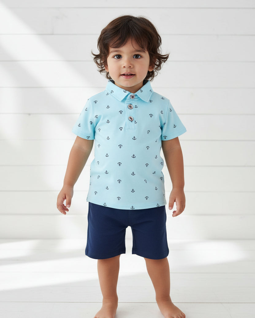 Aqua Blue Boy's Polo Short Sleeve Anchor Shirt, Back to School